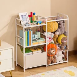 VEVOR Kids Bookshelf and Stuffed Animal Storage, Toy Storage Organizer, 2-Tier Book Shelf with Fabric Toy Chest, Toy Storage for Kids Room, Living Room, Entryway, Nursury, Preschool, White