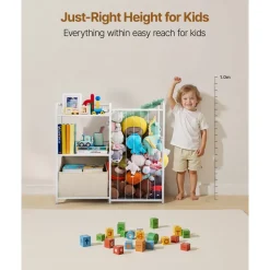 VEVOR Kids Bookshelf and Stuffed Animal Storage, Toy Storage Organizer, 2-Tier Book Shelf with Fabric Toy Chest, Toy Storage for Kids Room, Living Room, Entryway, Nursury, Preschool, White