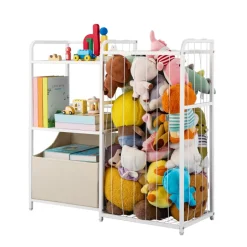 VEVOR Kids Bookshelf and Stuffed Animal Storage, Toy Storage Organizer, 2-Tier Book Shelf with Fabric Toy Chest, Toy Storage for Kids Room, Living Room, Entryway, Nursury, Preschool, White