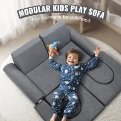 VEVOR Kids Couch, 10Pcs Modular Kids Play Couch, Toddler Couch Sofa Bed, Kids Chair Seat Playroom Furniture, Kids Sofa with Removable Cover for Kids Girls & Boys, Grey