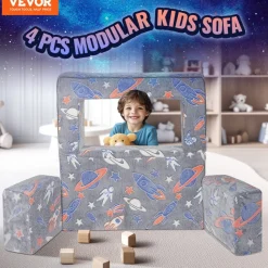 VEVOR Kids Couch, 4Pcs Toddler Couch Sofa Bed, Kids Chair Seat Playroom Furniture, Child Sectional Sofa with Removable Cover for Kids Girls & Boys, Dark Grey