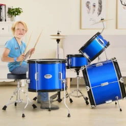 VEVOR Kids Drum Set, 5-Piece, 16 in Beginner Full Drum Set with Bass Toms Snare Floor Drum Adjustable Throne Cymbal Hi-Hat Pedal and Two Pairs of Drumsticks, Starter Drum Kit for Child Kids, Blue