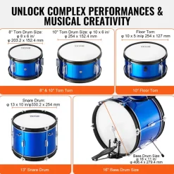 VEVOR Kids Drum Set, 5-Piece, 16 in Beginner Full Drum Set with Bass Toms Snare Floor Drum Adjustable Throne Cymbal Hi-Hat Pedal and Two Pairs of Drumsticks, Starter Drum Kit for Child Kids, Blue