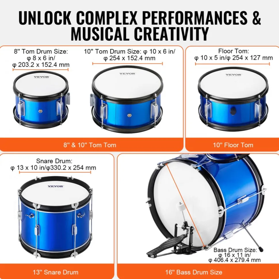 VEVOR Kids Drum Set, 5-Piece, 16 in Beginner Full Drum Set with Bass Toms Snare Floor Drum Adjustable Throne Cymbal Hi-Hat Pedal and Two Pairs of Drumsticks, Starter Drum Kit for Child Kids, Blue