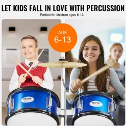 VEVOR Kids Drum Set, 5-Piece, 16 in Beginner Full Drum Set with Bass Toms Snare Floor Drum Adjustable Throne Cymbal Hi-Hat Pedal and Two Pairs of Drumsticks, Starter Drum Kit for Child Kids, Blue