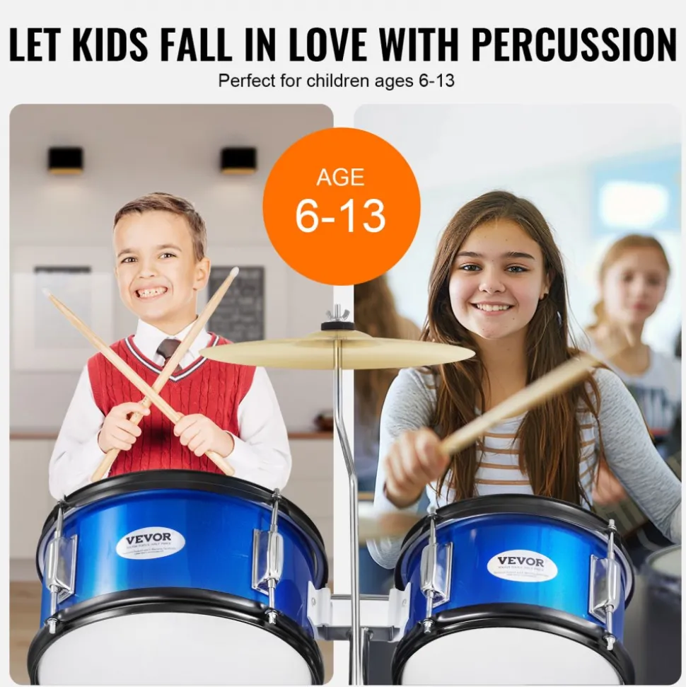 VEVOR Kids Drum Set, 5-Piece, 16 in Beginner Full Drum Set with Bass Toms Snare Floor Drum Adjustable Throne Cymbal Hi-Hat Pedal and Two Pairs of Drumsticks, Starter Drum Kit for Child Kids, Blue