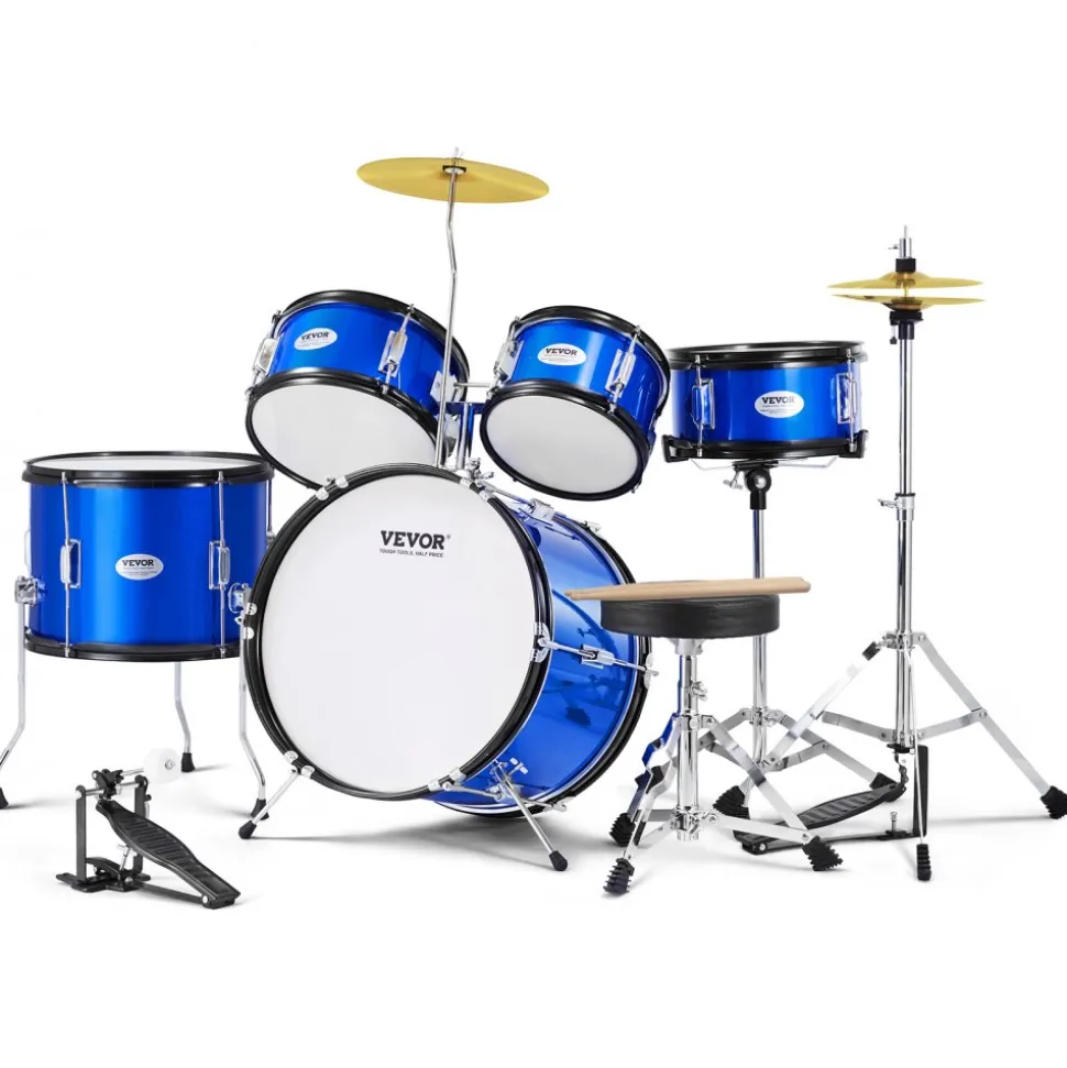 VEVOR Kids Drum Set, 5-Piece, 16 in Beginner Full Drum Set with Bass Toms Snare Floor Drum Adjustable Throne Cymbal Hi-Hat Pedal and Two Pairs of Drumsticks, Starter Drum Kit for Child Kids, Blue