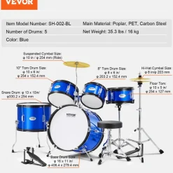 VEVOR Kids Drum Set, 5-Piece, 16 in Beginner Full Drum Set with Bass Toms Snare Floor Drum Adjustable Throne Cymbal Hi-Hat Pedal and Two Pairs of Drumsticks, Starter Drum Kit for Child Kids, Blue