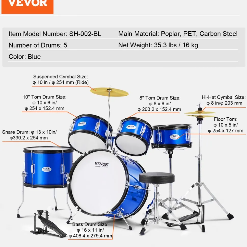 VEVOR Kids Drum Set, 5-Piece, 16 in Beginner Full Drum Set with Bass Toms Snare Floor Drum Adjustable Throne Cymbal Hi-Hat Pedal and Two Pairs of Drumsticks, Starter Drum Kit for Child Kids, Blue