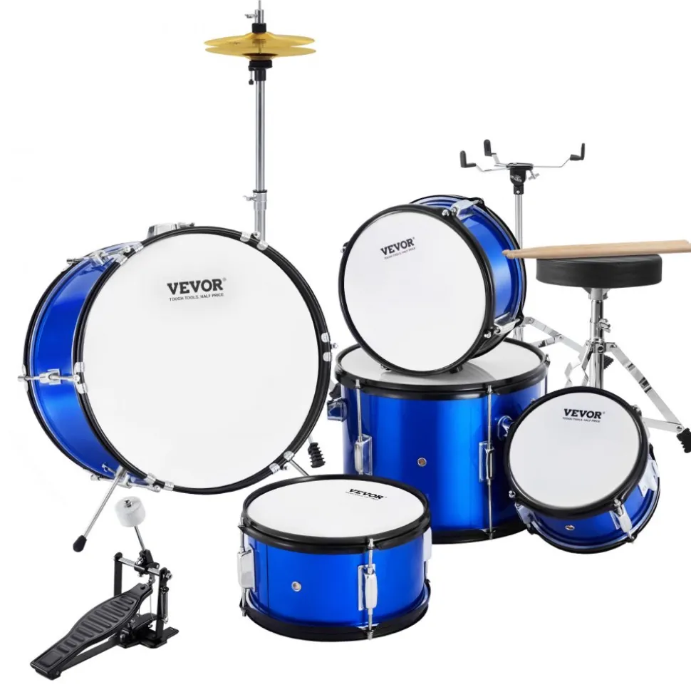 VEVOR Kids Drum Set, 5-Piece, 16 in Beginner Full Drum Set with Bass Toms Snare Floor Drum Adjustable Throne Cymbal Hi-Hat Pedal and Two Pairs of Drumsticks, Starter Drum Kit for Child Kids, Blue