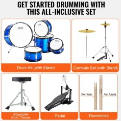 VEVOR Kids Drum Set, 5-Piece, 16 in Beginner Full Drum Set with Bass Toms Snare Floor Drum Adjustable Throne Cymbal Hi-Hat Pedal and Two Pairs of Drumsticks, Starter Drum Kit for Child Kids, Blue
