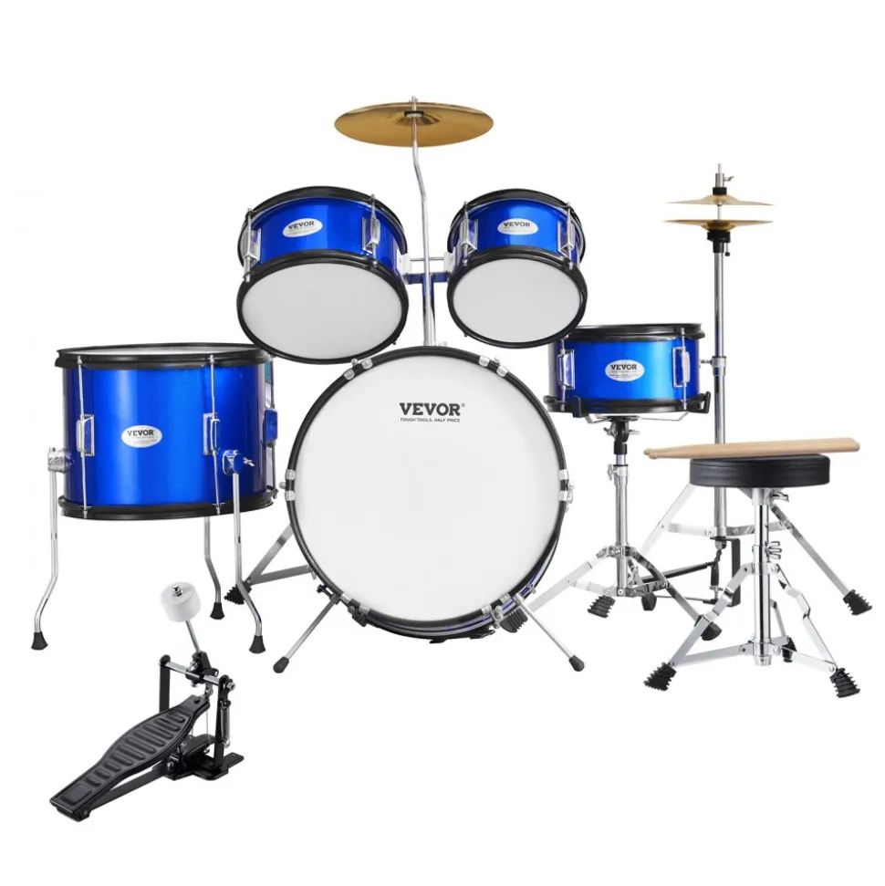 VEVOR Kids Drum Set, 5-Piece, 16 in Beginner Full Drum Set with Bass Toms Snare Floor Drum Adjustable Throne Cymbal Hi-Hat Pedal and Two Pairs of Drumsticks, Starter Drum Kit for Child Kids, Blue