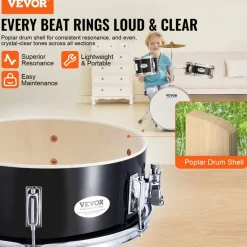 VEVOR Kids Drum Set, 3-Piece, 14 in Beginner Drum Set with Adjustable Throne Cymbal Pedal Two Pairs of Drumsticks, 8'' Tom Drum 10'' Snare Drum 14'' Bass Drum, Starter Drum Kit for Child Kids, Black