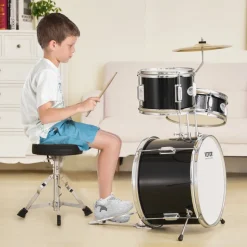 VEVOR Kids Drum Set, 3-Piece, 14 in Beginner Drum Set with Adjustable Throne Cymbal Pedal Two Pairs of Drumsticks, 8'' Tom Drum 10'' Snare Drum 14'' Bass Drum, Starter Drum Kit for Child Kids, Blue