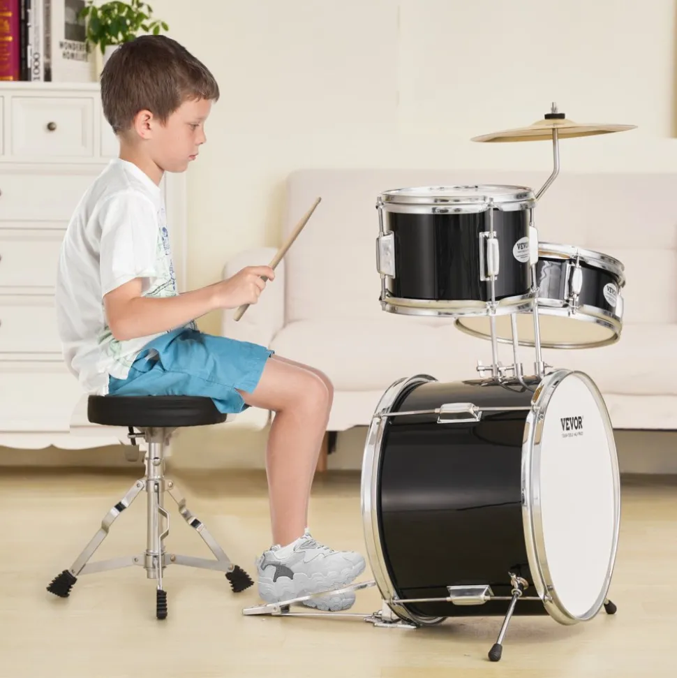 VEVOR Kids Drum Set, 3-Piece, 14 in Beginner Drum Set with Adjustable Throne Cymbal Pedal Two Pairs of Drumsticks, 8'' Tom Drum 10'' Snare Drum 14'' Bass Drum, Starter Drum Kit for Child Kids, Blue