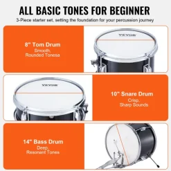 VEVOR Kids Drum Set, 3-Piece, 14 in Beginner Drum Set with Adjustable Throne Cymbal Pedal Two Pairs of Drumsticks, 8'' Tom Drum 10'' Snare Drum 14'' Bass Drum, Starter Drum Kit for Child Kids, Blue