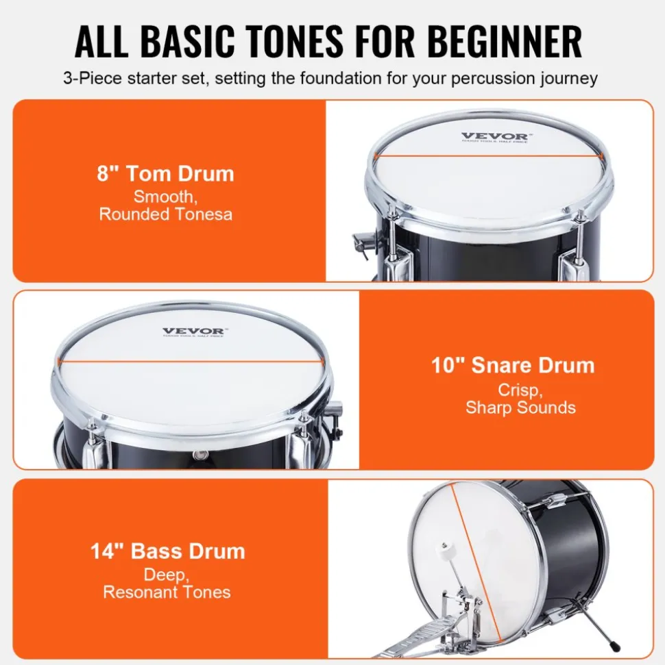 VEVOR Kids Drum Set, 3-Piece, 14 in Beginner Drum Set with Adjustable Throne Cymbal Pedal Two Pairs of Drumsticks, 8'' Tom Drum 10'' Snare Drum 14'' Bass Drum, Starter Drum Kit for Child Kids, Blue