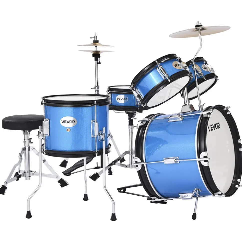 VEVOR Kids Drum Set, 5-Piece 14 in Junior Drum Sets, Beginner Drums Set with Adjustable Throne, Cymbal & Two Pairs of Drumsticks, Musical Learning Drums Instruments Kit, for Children Ages 6-13 (Blue)