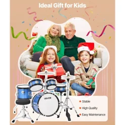 VEVOR Kids Drum Set, 5-Piece 14 in Junior Drum Sets, Beginner Drums Set with Adjustable Throne, Cymbal & Two Pairs of Drumsticks, Musical Learning Drums Instruments Kit, for Children Ages 6-13 (Blue)