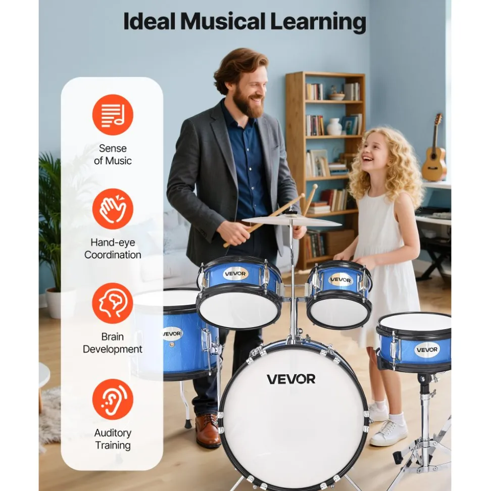VEVOR Kids Drum Set, 5-Piece 14 in Junior Drum Sets, Beginner Drums Set with Adjustable Throne, Cymbal & Two Pairs of Drumsticks, Musical Learning Drums Instruments Kit, for Children Ages 6-13 (Blue)