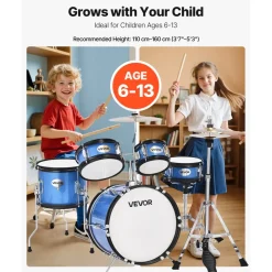 VEVOR Kids Drum Set, 5-Piece 14 in Junior Drum Sets, Beginner Drums Set with Adjustable Throne, Cymbal & Two Pairs of Drumsticks, Musical Learning Drums Instruments Kit, for Children Ages 6-13 (Blue)