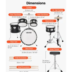 VEVOR Kids Drum Set, 5-Piece 16 in Junior Drum Sets, Beginner Drums Set with Adjustable Throne, Cymbal & Two Pairs of Drumsticks, Musical Learning Drums Instruments Kit, for Children Ages 6-13 (Red)
