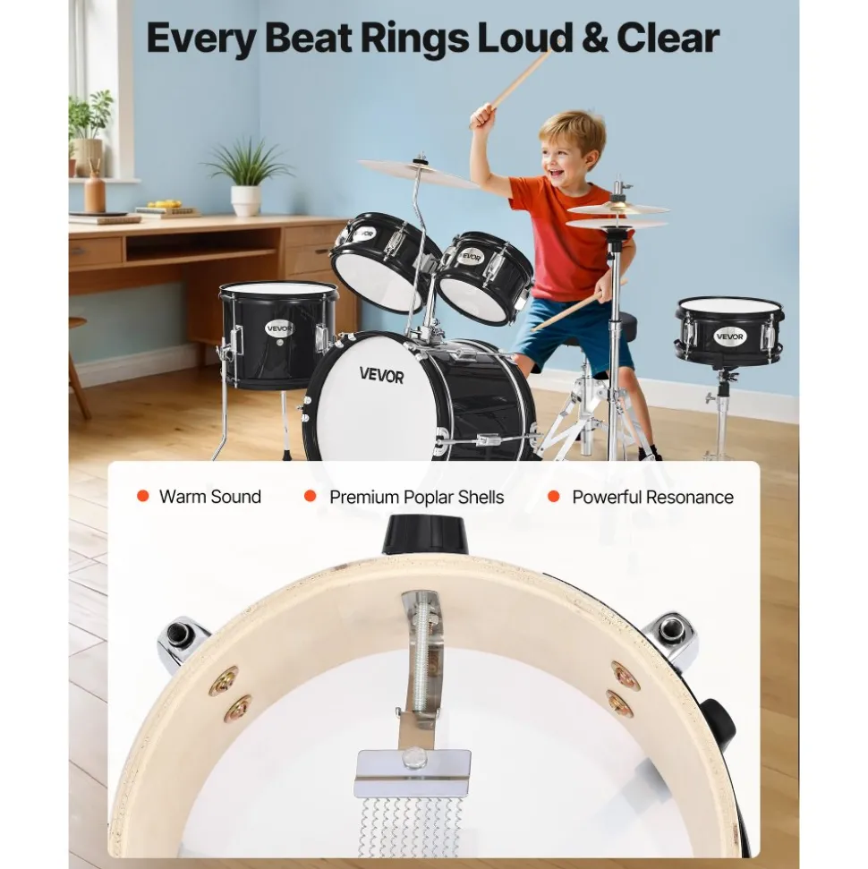 VEVOR Kids Drum Set, 5-Piece 16 in Junior Drum Sets, Beginner Drums Set with Adjustable Throne, Cymbal & Two Pairs of Drumsticks, Musical Learning Drums Instruments Kit, for Children Ages 6-13 (Red)