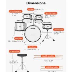 VEVOR Kids Drum Set, 3-Piece 14 in Junior Drum Sets, Beginner Drums Set with Adjustable Throne, Cymbal & Two Pairs of Drumsticks, Musical Learning Drums Instruments Kit, for Children Ages 6-13 (Red)
