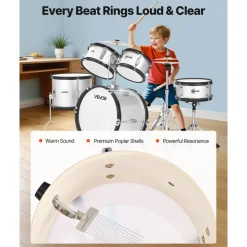 VEVOR Kids Drum Set, 3-Piece 14 in Junior Drum Sets, Beginner Drums Set with Adjustable Throne, Cymbal & Two Pairs of Drumsticks, Musical Learning Drums Instruments Kit, for Children Ages 6-13 (Red)