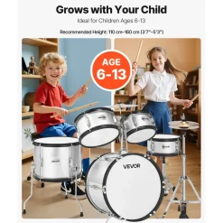 VEVOR Kids Drum Set, 3-Piece 14 in Junior Drum Sets, Beginner Drums Set with Adjustable Throne, Cymbal & Two Pairs of Drumsticks, Musical Learning Drums Instruments Kit, for Children Ages 6-13 (Red)