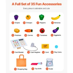 VEVOR Kids Grocery Store Playset, Wooden Play Store with Shopping Bag, Kids Supermarket Pretend Play Toy Set with Conveyor Belt, Scanner, Cash Register, Realistic Scale, Gift for Boys & Girls