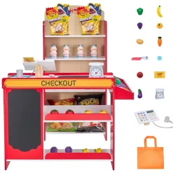 VEVOR Kids Grocery Store Playset, Wooden Play Store with Shopping Bag, Kids Supermarket Pretend Play Toy Set with Conveyor Belt, Scanner, Cash Register, Realistic Scale, Gift for Boys & Girls