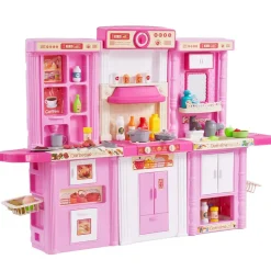 VEVOR Kids Kitchen Playset, 3-in-1 Toddler Kitchen with Simulated Spray, Sounds and Lights, Play Kitchen Set with 74 PCS Cooking Accessory Set for Toddlers, Preschoolers, Children Ages 3-8, Pink
