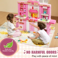 VEVOR Kids Kitchen Playset, 3-in-1 Toddler Kitchen with Simulated Spray, Sounds and Lights, Play Kitchen Set with 74 PCS Cooking Accessory Set for Toddlers, Preschoolers, Children Ages 3-8, Pink