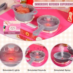 VEVOR Kids Kitchen Playset, 3-in-1 Toddler Kitchen with Simulated Spray, Sounds and Lights, Play Kitchen Set with 74 PCS Cooking Accessory Set for Toddlers, Preschoolers, Children Ages 3-8, Pink