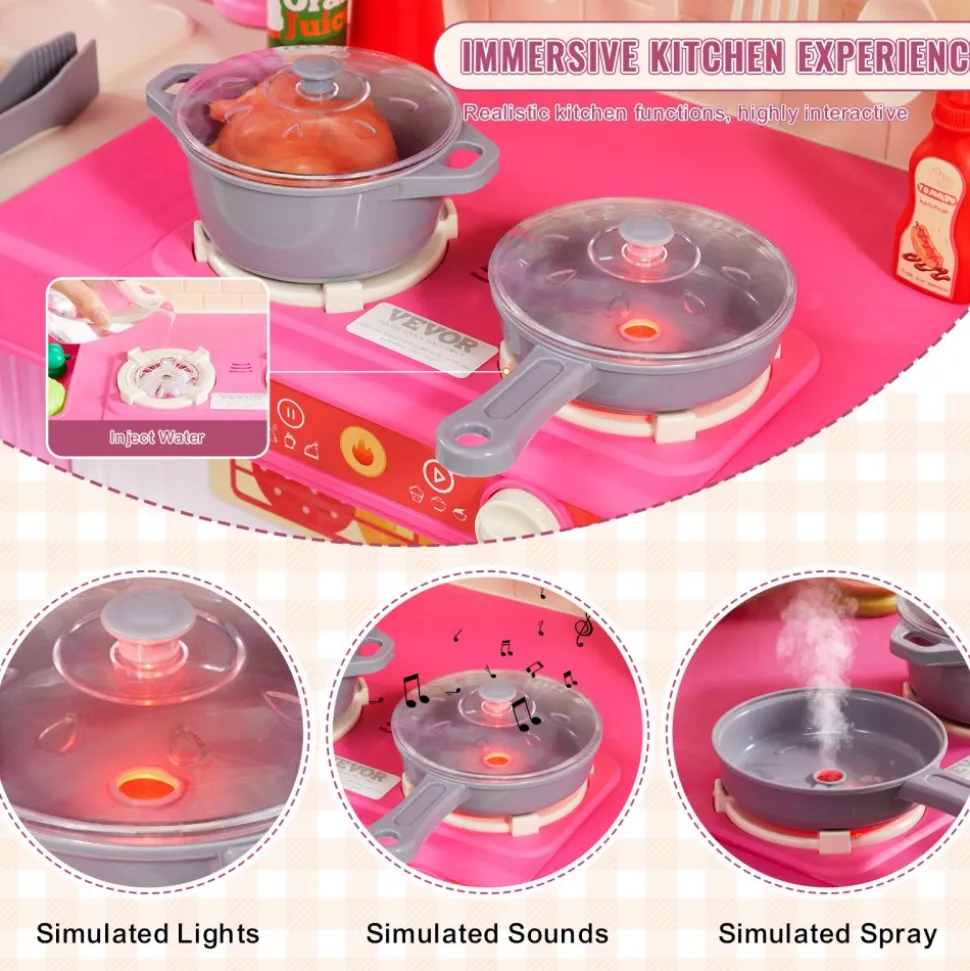 VEVOR Kids Kitchen Playset, 3-in-1 Toddler Kitchen with Simulated Spray, Sounds and Lights, Play Kitchen Set with 74 PCS Cooking Accessory Set for Toddlers, Preschoolers, Children Ages 3-8, Pink