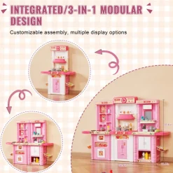 VEVOR Kids Kitchen Playset, 3-in-1 Toddler Kitchen with Simulated Spray, Sounds and Lights, Play Kitchen Set with 74 PCS Cooking Accessory Set for Toddlers, Preschoolers, Children Ages 3-8, Pink