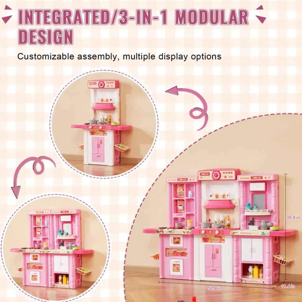 VEVOR Kids Kitchen Playset, 3-in-1 Toddler Kitchen with Simulated Spray, Sounds and Lights, Play Kitchen Set with 74 PCS Cooking Accessory Set for Toddlers, Preschoolers, Children Ages 3-8, Pink