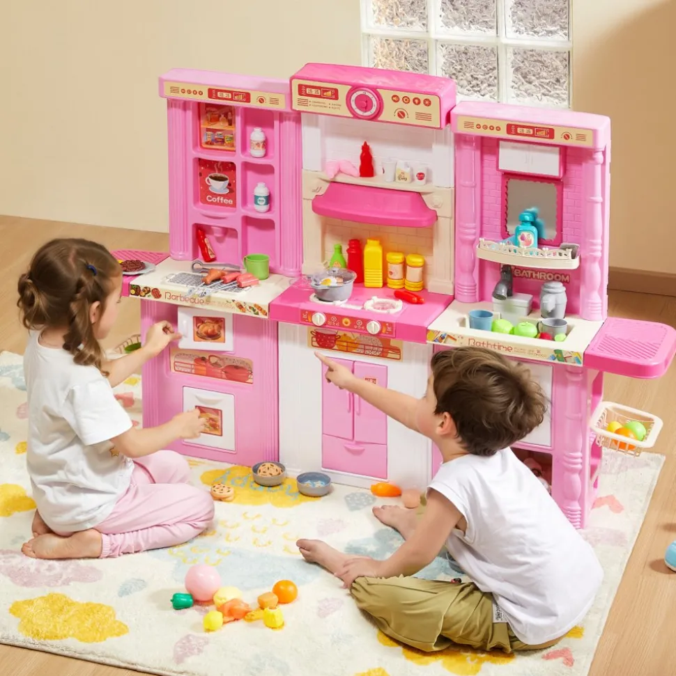 VEVOR Kids Kitchen Playset, 3-in-1 Toddler Kitchen with Simulated Spray, Sounds and Lights, Play Kitchen Set with 74 PCS Cooking Accessory Set for Toddlers, Preschoolers, Children Ages 3-8, Pink