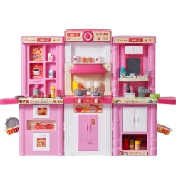 VEVOR Kids Kitchen Playset, 3-in-1 Toddler Kitchen with Simulated Spray, Sounds and Lights, Play Kitchen Set with 74 PCS Cooking Accessory Set for Toddlers, Preschoolers, Children Ages 3-8, Pink