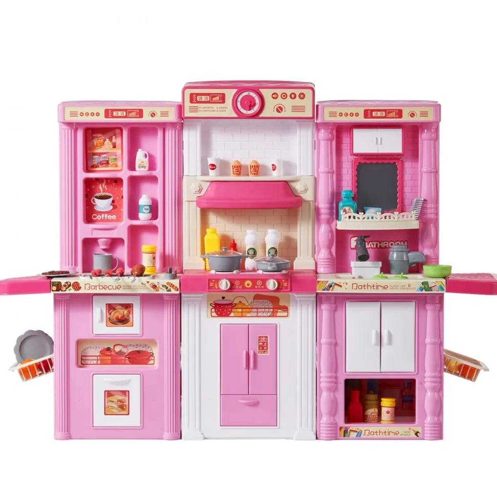 VEVOR Kids Kitchen Playset, 3-in-1 Toddler Kitchen with Simulated Spray, Sounds and Lights, Play Kitchen Set with 74 PCS Cooking Accessory Set for Toddlers, Preschoolers, Children Ages 3-8, Pink