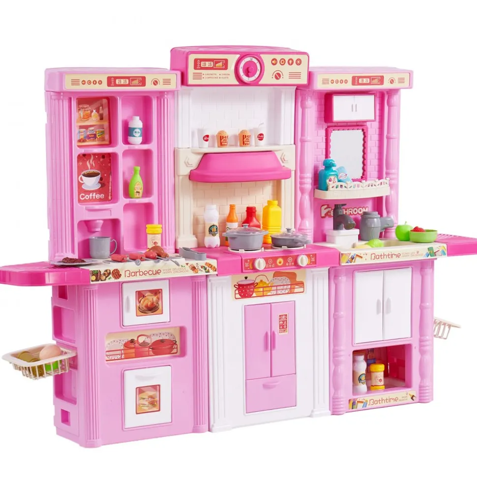 VEVOR Kids Kitchen Playset, 3-in-1 Toddler Kitchen with Simulated Spray, Sounds and Lights, Play Kitchen Set with 74 PCS Cooking Accessory Set for Toddlers, Preschoolers, Children Ages 3-8, Pink
