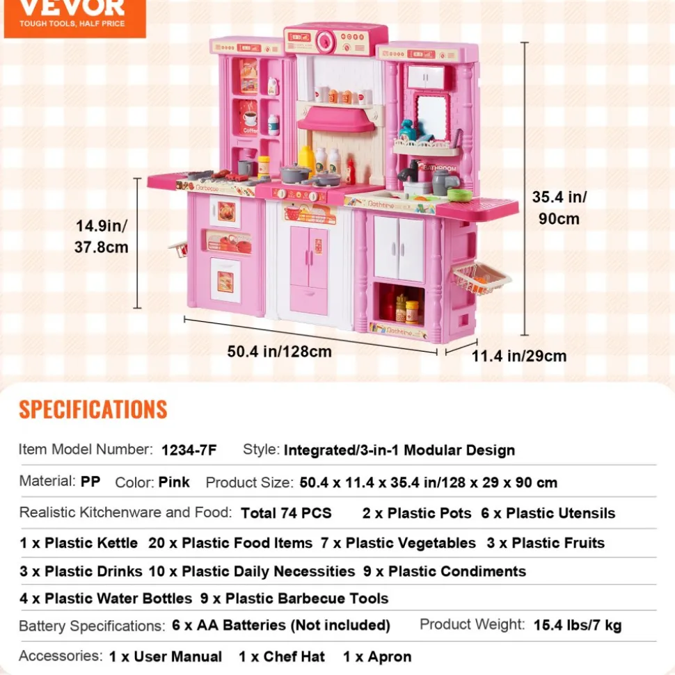 VEVOR Kids Kitchen Playset, 3-in-1 Toddler Kitchen with Simulated Spray, Sounds and Lights, Play Kitchen Set with 74 PCS Cooking Accessory Set for Toddlers, Preschoolers, Children Ages 3-8, Pink