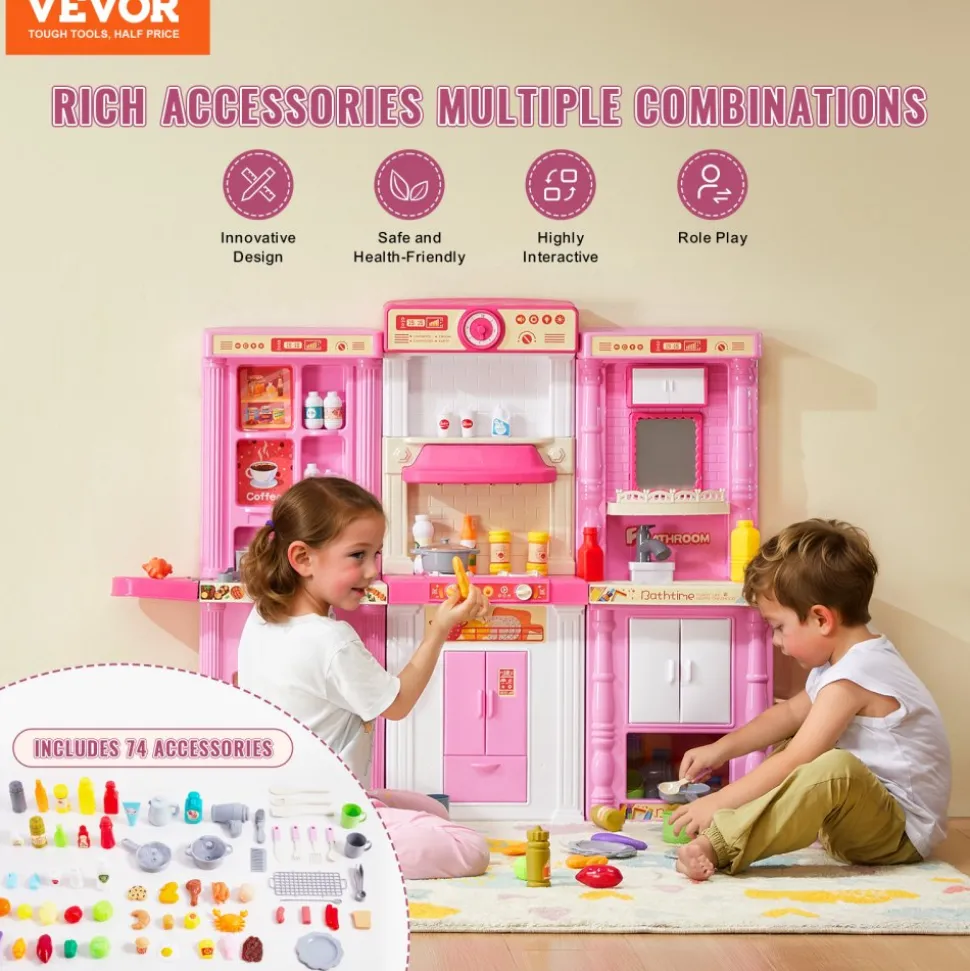 VEVOR Kids Kitchen Playset, 3-in-1 Toddler Kitchen with Simulated Spray, Sounds and Lights, Play Kitchen Set with 74 PCS Cooking Accessory Set for Toddlers, Preschoolers, Children Ages 3-8, Pink