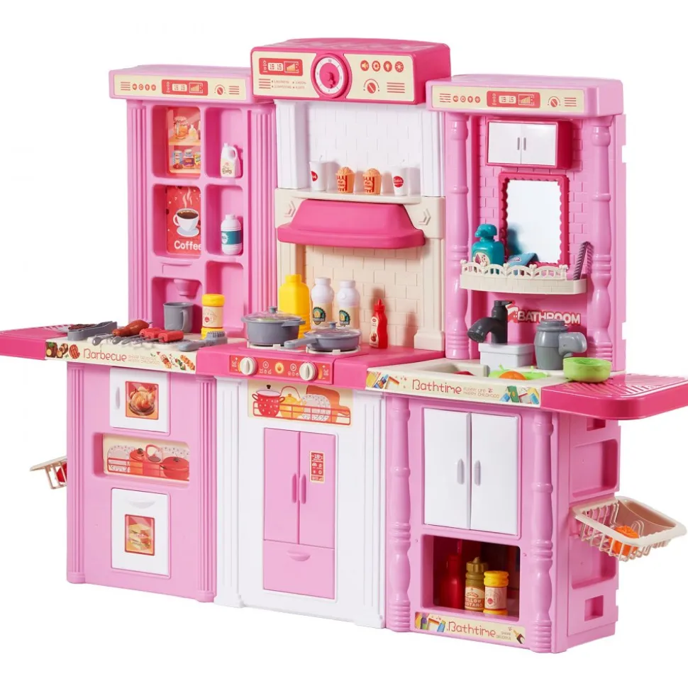 VEVOR Kids Kitchen Playset, 3-in-1 Toddler Kitchen with Simulated Spray, Sounds and Lights, Play Kitchen Set with 74 PCS Cooking Accessory Set for Toddlers, Preschoolers, Children Ages 3-8, Pink