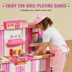 VEVOR Kids Kitchen Playset, 3-in-1 Toddler Kitchen with Simulated Spray, Sounds and Lights, Play Kitchen Set with 74 PCS Cooking Accessory Set for Toddlers, Preschoolers, Children Ages 3-8, Pink