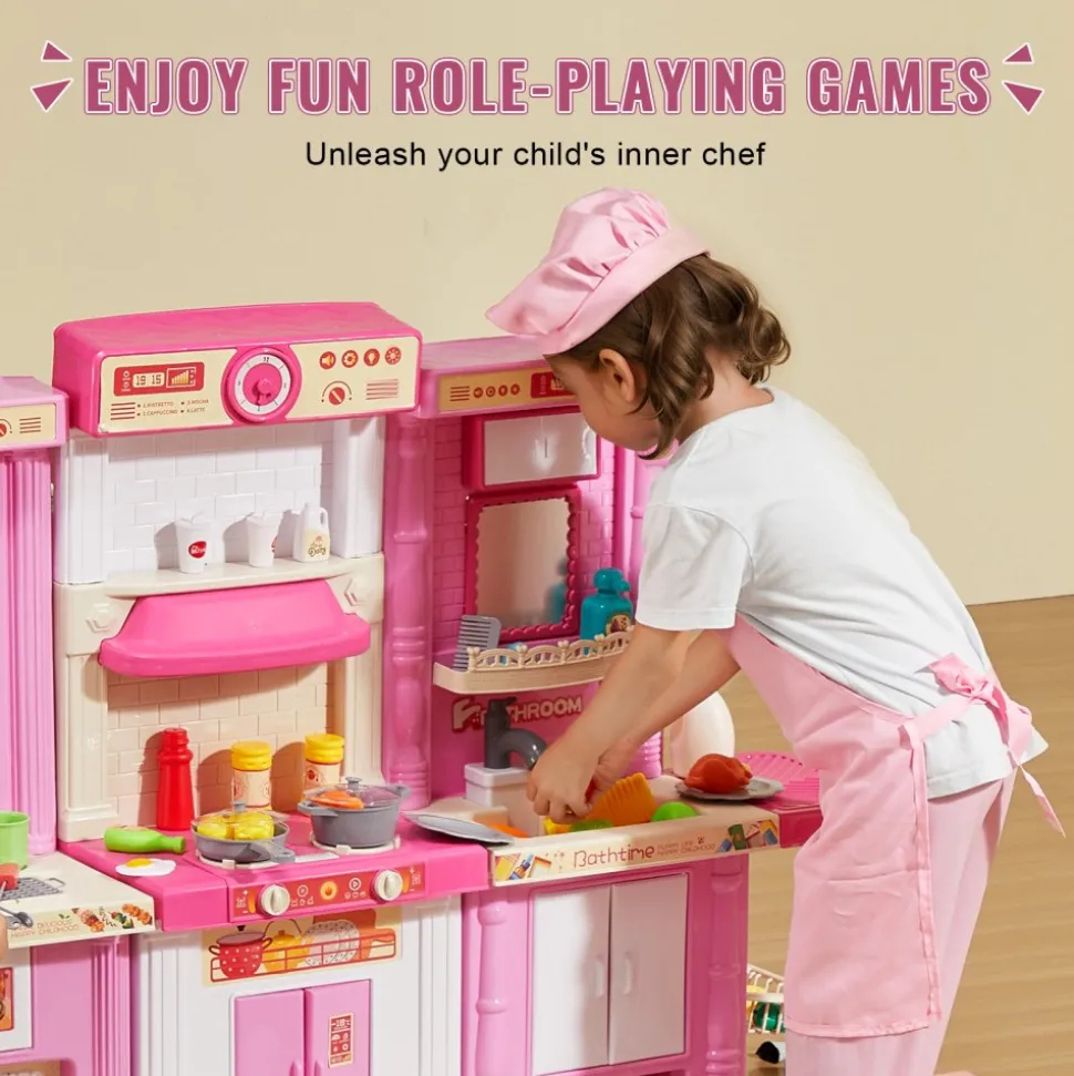 VEVOR Kids Kitchen Playset, 3-in-1 Toddler Kitchen with Simulated Spray, Sounds and Lights, Play Kitchen Set with 74 PCS Cooking Accessory Set for Toddlers, Preschoolers, Children Ages 3-8, Pink