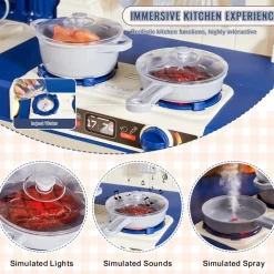VEVOR Kids Kitchen Playset, 3-in-1 Toddler Kitchen with Simulated Spray, Sounds and Lights, Play Kitchen Set with 74 PCS Cooking Accessory Set for Toddlers, Preschoolers, Children Ages 3-8, Blue
