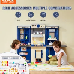 VEVOR Kids Kitchen Playset, 3-in-1 Toddler Kitchen with Simulated Spray, Sounds and Lights, Play Kitchen Set with 74 PCS Cooking Accessory Set for Toddlers, Preschoolers, Children Ages 3-8, Blue
