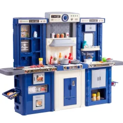 VEVOR Kids Kitchen Playset, 3-in-1 Toddler Kitchen with Simulated Spray, Sounds and Lights, Play Kitchen Set with 74 PCS Cooking Accessory Set for Toddlers, Preschoolers, Children Ages 3-8, Blue